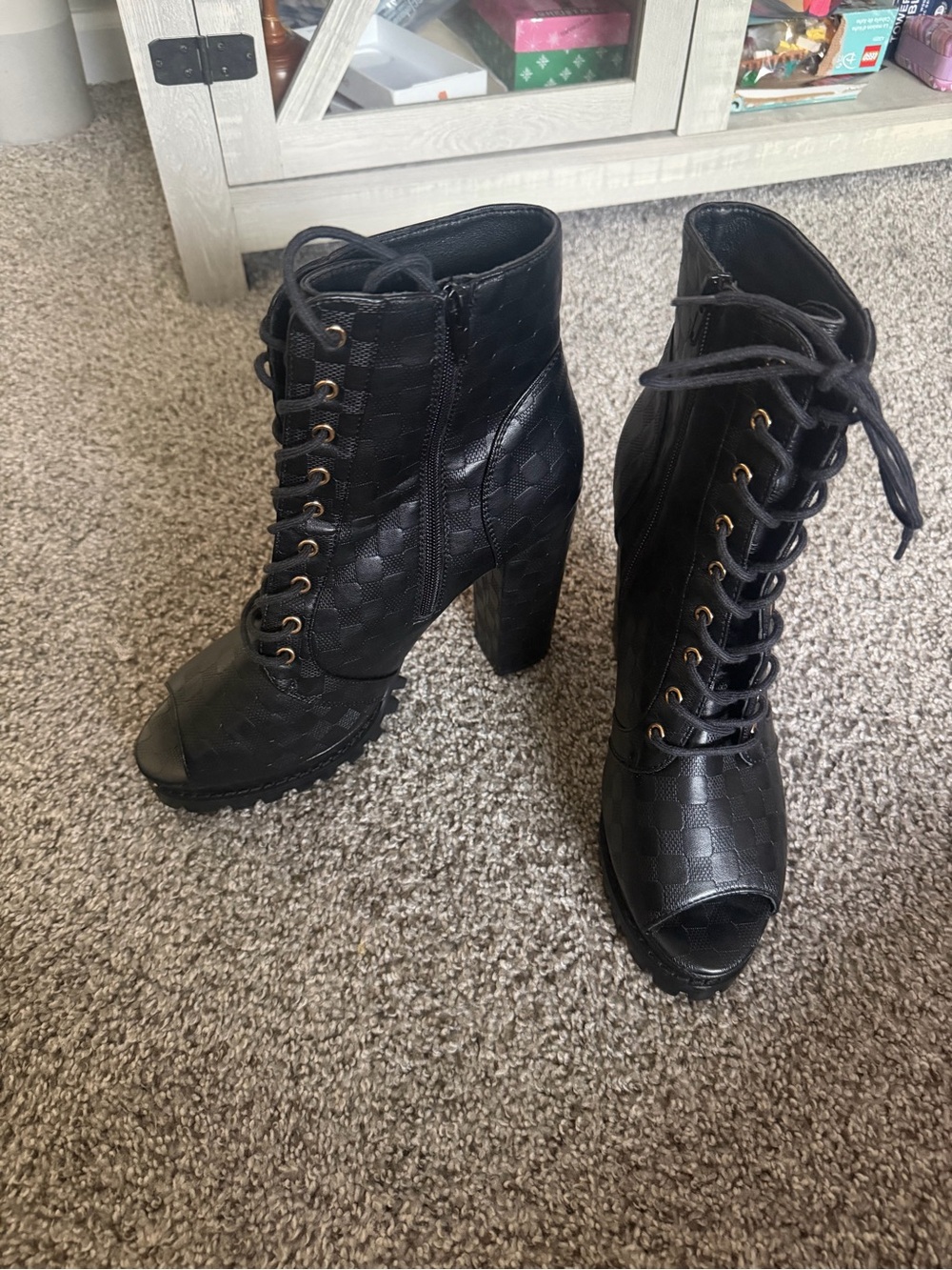 Women's Black Lace-Up Peep-Toe High Heel Booties